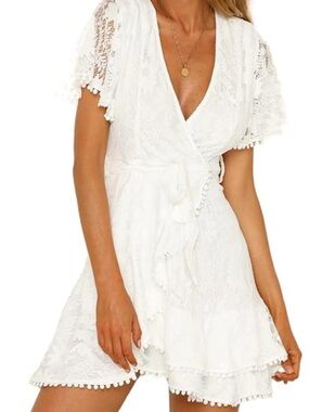 White Lace Wrap Dress with Pom Trim